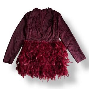 Loragal Feather Mini Dress NWT Burgundy‎ Y2K Glam Party Editorial Vibes